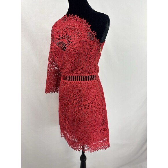 Saylor Pippa One Shoulder Dress Red XS Lace Mini Cocktail Sheer 3/4 Sleeve - Picture 5 of 16